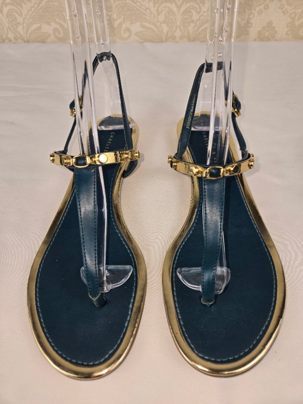 Charles & Keith Size 37 (US 7) Teal Gold Accent Leather Sandal Ankle Strap